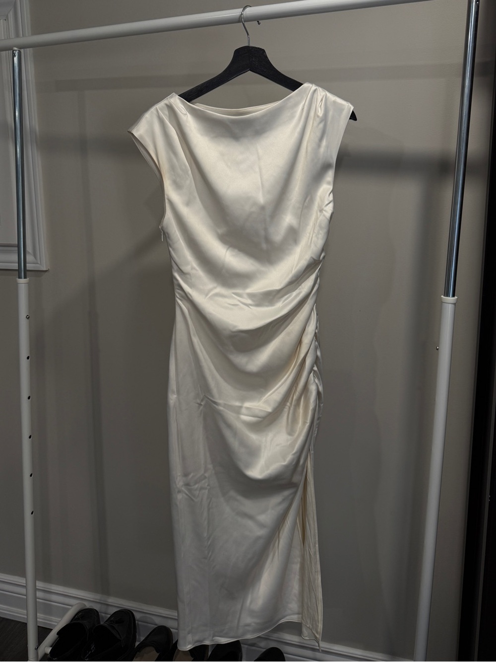BHLDN Cream Satin Midi Dress with Draped Back